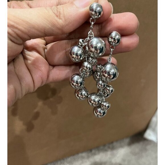 Big Silver earrings metal dangle balls beaded silver bold boho chunky pierced - Picture 2 of 5